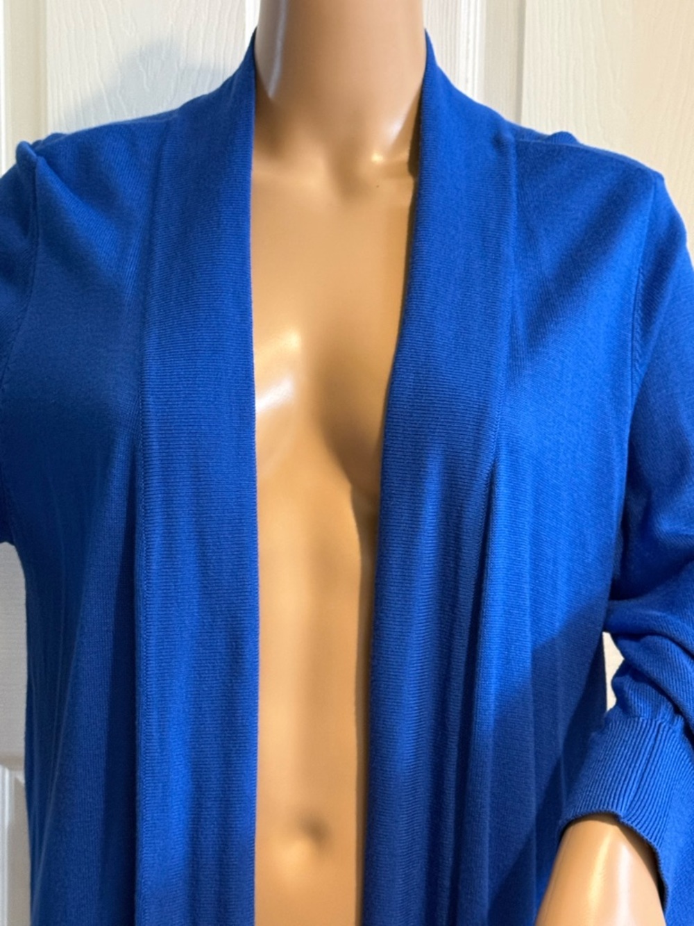 Chicos Size 2 L Long Open Cardigan Duster Lightweight Blue Tight Knit Comfy - Picture 4 of 13